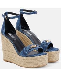 Versace - Denim Barocco Wedge Sandals - Lyst