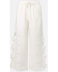 Self-Portrait - Embroidered Linen And Cotton Wide-Leg Pants - Lyst