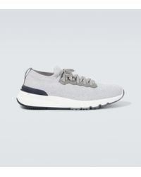Brunello Cucinelli - Leather-Trimmed Knitted Slip-On Sneakers - Lyst
