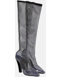 Saint Laurent - Kniehohe Stiefel Aus Netzmaterial Mit Velourslederbesätzen Und Kristallen - Lyst