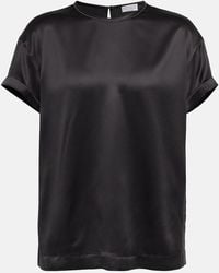 Brunello Cucinelli - Embellished Silk-Blend Satin T-Shirt - Lyst