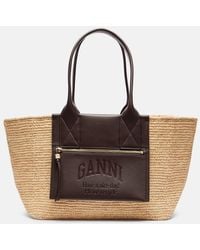 Ganni - Faux Leather-Trimmed Raffia Tote Bag - Lyst