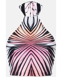 Roberto Cavalli - Printed Halterneck Mesh Crop Top - Lyst