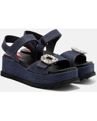 Roger Vivier - Embellished Denim Wedge Sandals - Lyst