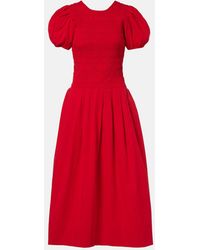 Ganni - Shirred Cotton-Blend Poplin Midi Dress - Lyst