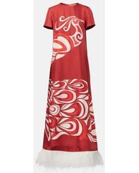 La DoubleJ - Swing Feather-Trimmed Silk Maxi Dress - Lyst