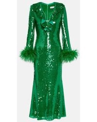 Self-Portrait - Feather-Trimmed Sequined Midi Dress - Lyst
