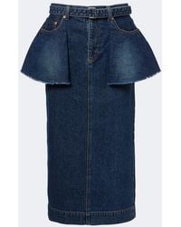 Sacai - Belted Peplum Denim Midi Skirt - Lyst