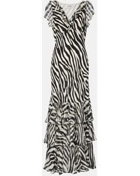 RIXO London - Amelle Zebra-Print Ruffled Silk Maxi Dress - Lyst