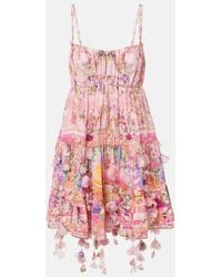 CAMILLA - Floral-Applique Gathered Silk Crepe Minidress - Lyst