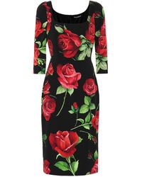 Dolce & Gabbana Etuikleid Aus Charmeuse Rosen-Print - Mehrfarbig