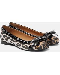 Ganni - Eyelet Bow Leopard-Print Satin Ballet Flats - Lyst