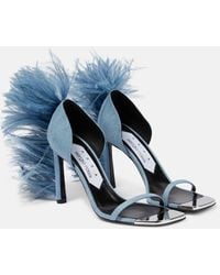 Area - X Sergio Rossi Amazona Feather-Trimmed Denim Sandals - Lyst