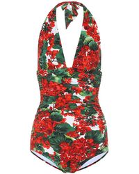 Dolce & Gabbana Costume Intero Scollato Stampa Portofino - Rosso