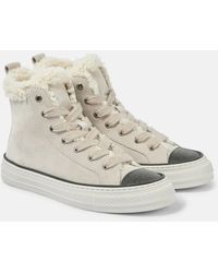 Brunello Cucinelli - Suede Trainers With Shearling Lining And Jewelled Toe Cap - Lyst