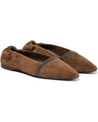 Brunello Cucinelli Leather Logo Embellished Slippers in Brown Grey Womens Shoes Flats and flat shoes Slippers 