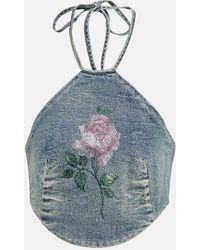 Alessandra Rich - Embellished Halterneck Denim Crop Top - Lyst