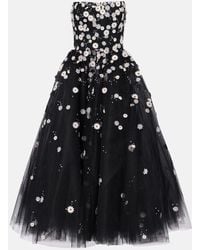 Monique Lhuillier - Floral-Applique Strapless Tulle Midi Dress - Lyst