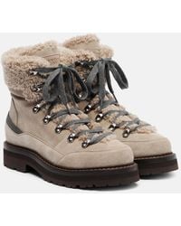Brunello Cucinelli - Shearling-Trimmed Suede Lace-Up Boots - Lyst