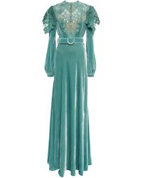 Robe Ashley aus Samt und Spitze in Blau Costarellos Exklusiv bei Mytheresa Damen Bekleidung Kleider Freizeitkleider und lange Kleider 