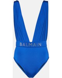 Balmain - Crystal-embellished Draped Swimsuit - Lyst