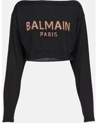 Balmain - Cropped Jacquard Wool-Blend Sweater - Lyst