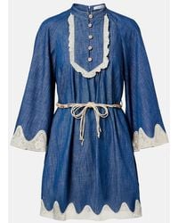 Zimmermann - Awaken Belted Lace-Trimmed Denim Minidress - Lyst
