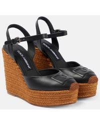 Dolce & Gabbana - Logo Embroidered Leather Wedge Espadrilles - Lyst