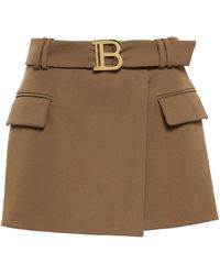 Balmain Minifalda B-buckle en lana efecto wrap - Marrón