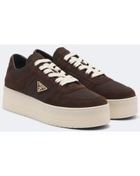 Prada - Downtown Bold Suede-Trimmed Platform Sneakers - Lyst
