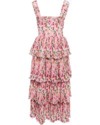Ganni Floral Tiered Georgette Midi Dress - Pink