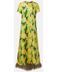 La DoubleJ - Vestido Largo Swing De Seda Con Plumas - Lyst
