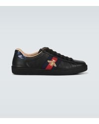 Gucci Men's New Ace Bee-embroidered Leather Low-top Trainers - Black