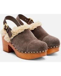 Chloé - Jeannette Shearling-Trimmed Suede Wedge Clogs - Lyst
