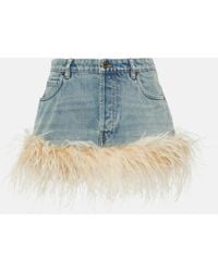 Miu Miu - Feather-Trimmed Denim Miniskirt - Lyst