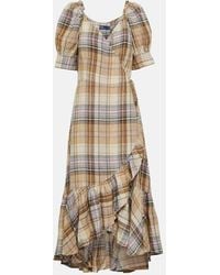 Polo Ralph Lauren - Puff-sleeve Plaid-pattern Linen Midi Dress - Lyst