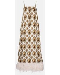 Dolce & Gabbana - Feather-Trimmed Printed Silk Maxi Dress - Lyst