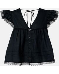 Ganni - Lace-Trimmed Linen Top - Lyst