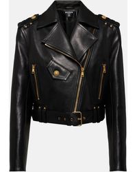 Balmain - Cropped Leather Biker Jacket - Lyst
