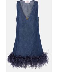 Valentino - Feather-Trimmed Denim Minidress - Lyst