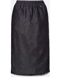 Prada - Falda Midi De Algodon Y Lino Con Encaje - Lyst