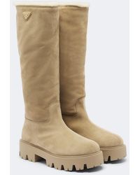 Prada - Shearling-Lined Suede Knee-High Boots - Lyst