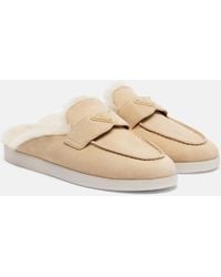 Prada - Shearling-Lined Suede Mules - Lyst