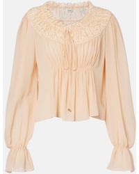 Chloé - Shirred Cropped Lace-Trimmed Silk Blouse - Lyst
