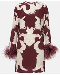 Valentino - Printed Feather-Trimmed Silk Minidress - Lyst
