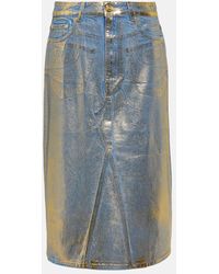 Ganni - Gold-foiled Denim Midi Skirt - Lyst