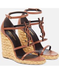 Saint Laurent - Cassandra 115 Leather And Raffia Wedge Sandals - Lyst