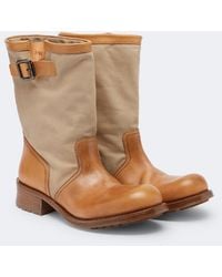 Prada - Leather And Canvas Biker Boots - Lyst