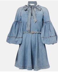 Zimmermann - Tie-Neck Puff-Sleeve Denim Minidress - Lyst