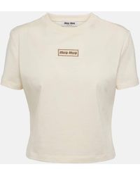 Miu Miu - T-shirt cropped in jersey di cotone - Lyst